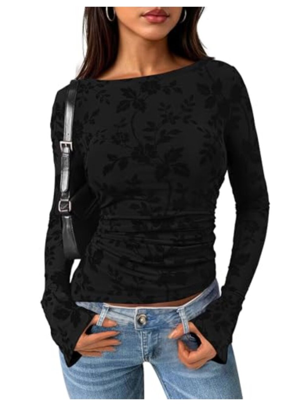 PRETTYGARDEN Women Long Bell Sleeve Floral Mesh Boho Top Blouse